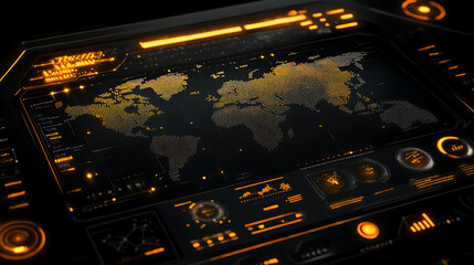 Leinwandbilder - A HUD UI displays a futuristic user interface with 3D global world maps and business data charts, illustrating advanced technology solutions for business analytics