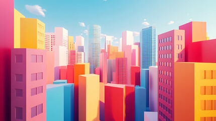 Poster - Colorful city buildings, simple shapes and lines, minimalism, bold outlines, cute, simple design, simple background