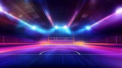 Poster - An illustration of a volleyball court arena field with bright stadium lights designed to enhance the visibility and ambiance of night matches