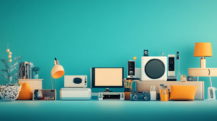 Poster - Advertising banner for a mega sale, featuring a 3D illustration of various home and smart electronic devices with discounts up to fifty percent