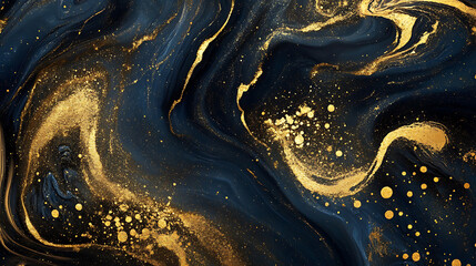 Fototapete - Liquid gold abstract black marble background with swirling gold paint texture luxury wallpaper