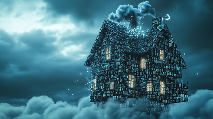 Poster - Banner concept for a smart home technology system, illustrating a home made of digits connected with domestic smart devices through cloud storage, highlighting digital control of a smart house