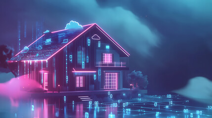 Poster - Banner concept for a smart home technology system, illustrating a home made of digits connected with domestic smart devices through cloud storage, highlighting digital control of a smart house