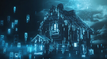 Poster - Banner concept for a smart home technology system, illustrating a home made of digits connected with domestic smart devices through cloud storage, highlighting digital control of a smart house