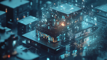 Leinwandbilder - Conceptual banner for smart home technology, illustrating a building made of digits connected to domestic smart devices, emphasizing intelligent house control