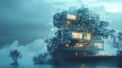 Poster - Conceptual banner for smart home technology, illustrating a building made of digits connected to domestic smart devices, emphasizing intelligent house control