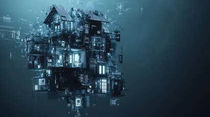 Aufkleber - Conceptual banner for smart home technology, illustrating a building made of digits connected to domestic smart devices, emphasizing intelligent house control