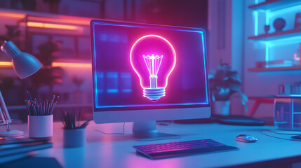 Poster - Office desktop computer with holographic bulb icon, twofold exposure, notion of a concept