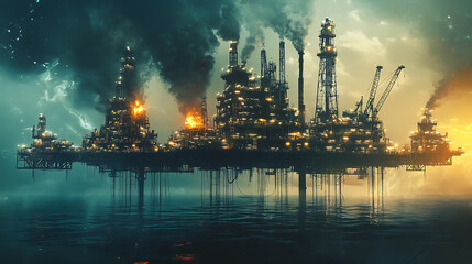 Poster - The oil industry's process from extraction to sale, highlighted during a period of rising oil prices