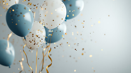 Poster - Background with blue and white balloons, golden confetti and ribbons on light gray background