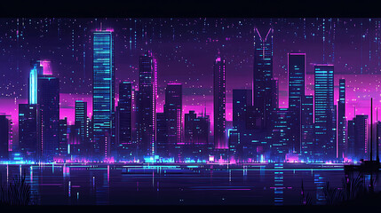Leinwandbilder - Modern cyberpunk city skyline at night with neon lights and futuristic skyscrapers digital painting