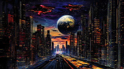 Poster - Futuristic scifi cityscape with towering skyscrapers flying vehicles and neon lights under dramatic night sky digital art