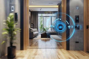Poster - This high-tech home entrance showcases smart security devices like cameras, motion sensors, and a fingerprint lock for enhanced safety. Generative AI
