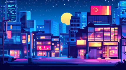 Aufkleber - Retro 90s japanese animation style cityscape with neon lights and futuristic elements nostalgia and pop culture concept digital illustration