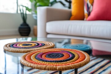 Sticker - interior decor inspiration, bright and stylish woven coasters rest on a sleek glass coffee table in a lively living room with eclectic decor and space for custom text