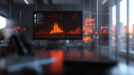 Leinwandbilder - A blurry, out-of-focus background of an office desk with elements like graphs and charts floating in the air above it indicating data analysis or a marketing pilot program