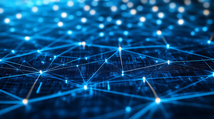 Poster - A blue grid background with white lines, glowing and futuristic, with a technology theme