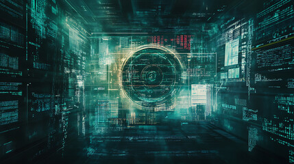 A digital background with code and computer screens, representing the realm of software development and coding in technology in a futuristic style