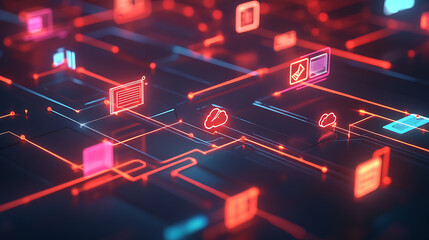 Aufkleber - A digital illustration depicting cloud technology with icons representing different types of data and documents connected to form an abstract network