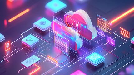Aufkleber - A digital illustration depicting cloud technology with icons representing different types of data and documents connected to form an abstract network
