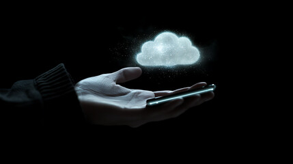 Aufkleber - A hand holding a Phone with glowing cloud icon floating above it, symbolizing the user's connection to digital data and AI technology on black background