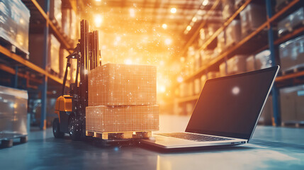 Leinwandbilder - A forklift moves a pallet with a box carton atop a laptop depicting global e-commerce and supply chain scenarios