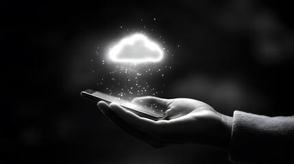 Poster - A hand holding a Phone with glowing cloud icon floating above it, symbolizing the user's connection to digital data and AI technology on black background