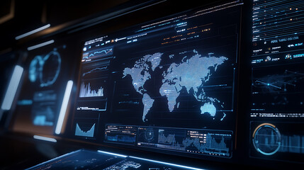 Fototapete - A futuristic digital interface displays various data visualizations, charts and graphs with the world map in focus on one screen
