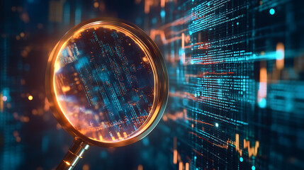 Poster - A magnifying glass over digital data, with glowing lines representing financial charts and graphs in the background