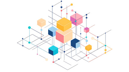 Aufkleber - A simple line drawing of an isometric network with colorful blocks and dots connecting them, on a white background