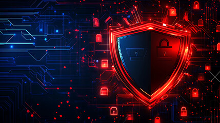Fototapete - A shield icon surrounded by digital symbols of security, such as locks and data combination on dark blue background with red light effect symbolizing advanced cyber protection technology