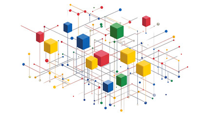 Aufkleber - A simple line drawing of an isometric network with colorful blocks and dots connecting them, on a white background