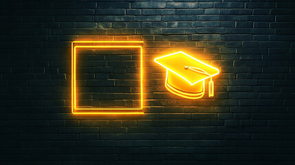 Poster - A yellow neon sign with an empty frame on the right side and graduation hat icon isolated against a black brick wall background