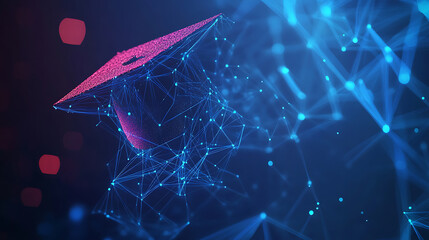 Aufkleber - Abstract low poly background with digital data connections and graduation cap on blue dark color background, education concept, technology and online learning symbol