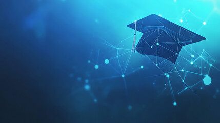 Aufkleber - Abstract low poly style, modern digital technology background with graduation cap and network connection dots on a blue color