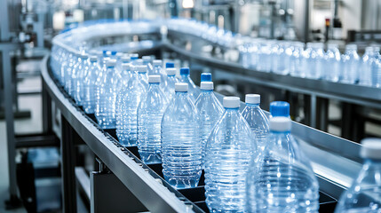 Aufkleber - An automated industrial machine for plastic packaging is shown under a light effect, focusing on the automated packaging line for products and food in a light blue scene