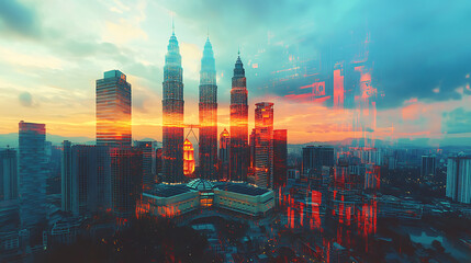 An abstract technology hologram featuring a panoramic view of Kuala Lumpur at dusk in Malaysia and Asia, Concept of technological change of the world