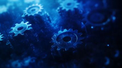 Fototapete - Blue gear faded outline on digital background with binary code and abstract tech elements for technology or machine concept