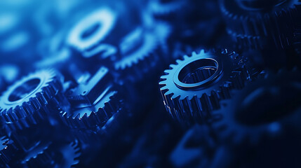 Fototapete - Blue gear faded outline on digital background with binary code and abstract tech elements for technology or machine concept