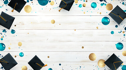 Leinwandbilder - Background design with gold glitter and black graduation caps, teal bubbles on white wood texture