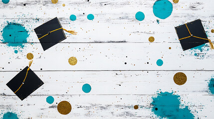 Leinwandbilder - Background design with gold glitter and black graduation caps, teal bubbles on white wood texture