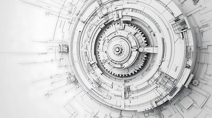 Aufkleber - Banner of digital technology, gray color palette with white background and gears in the middle, technical drawing lines around it