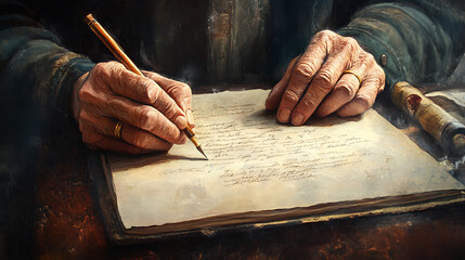 Aufkleber - Elderly mans hand writing on an old manuscript digital illustration showcasing wisdom knowledge and experience
