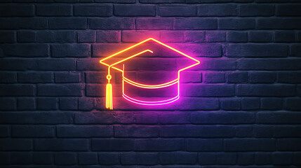 Aufkleber - Glowing neon sign with a graduation cap frame on a black brick wall background for decoration Concept mockup design, copy space