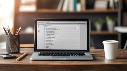 Fototapete - Illustration of an open laptop showing an email client interface on the screen, with an office desk background, a coffee cup and pencil in front