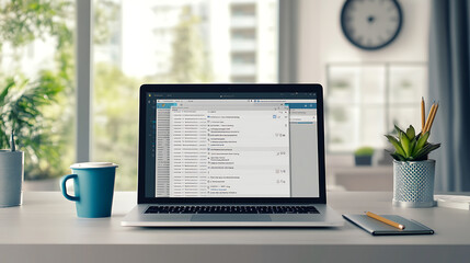Fototapete - Illustration of an open laptop showing an email client interface on the screen, with an office desk background, a coffee cup and pencil in front