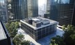 © Sergey - Rooftop HVAC unit on a modern building surrounded by glass skyscrapers and a paved surface area