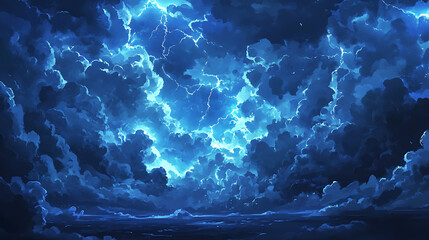 Poster - A dramatic and dark sky filled with blue clouds sets the stage for a thunderstorm, complete with rain and lightning