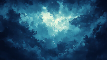 Poster - A dramatic and dark sky filled with blue clouds sets the stage for a thunderstorm, complete with rain and lightning