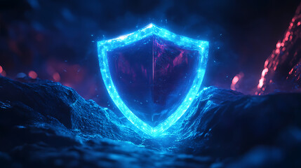 Poster - A digital security shield icon glowing in blue light on an abstract background, symbolizing protection and technology